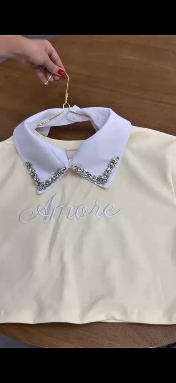 Women’s Blouse with White Collar & Rhinestone Detail