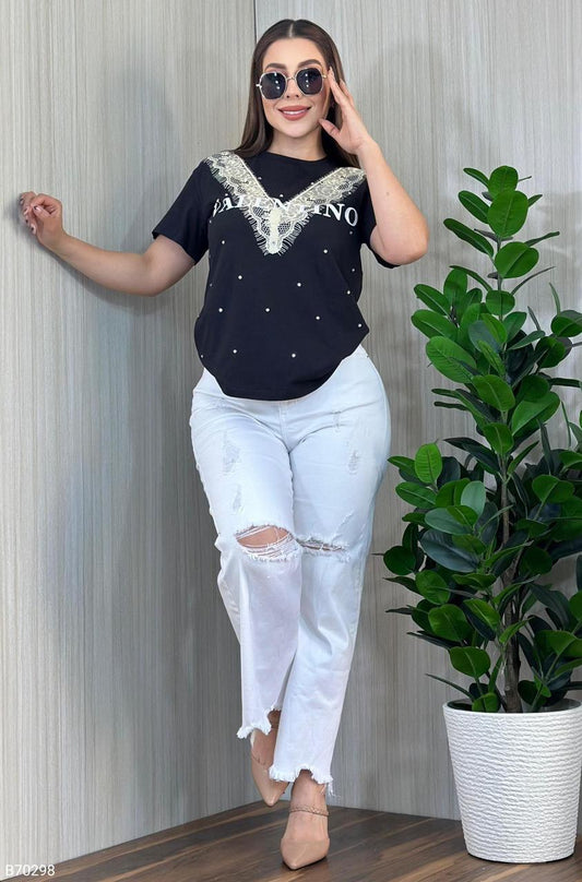 Women’s T-Shirt Blouse with Lace & Rhinestone Detail