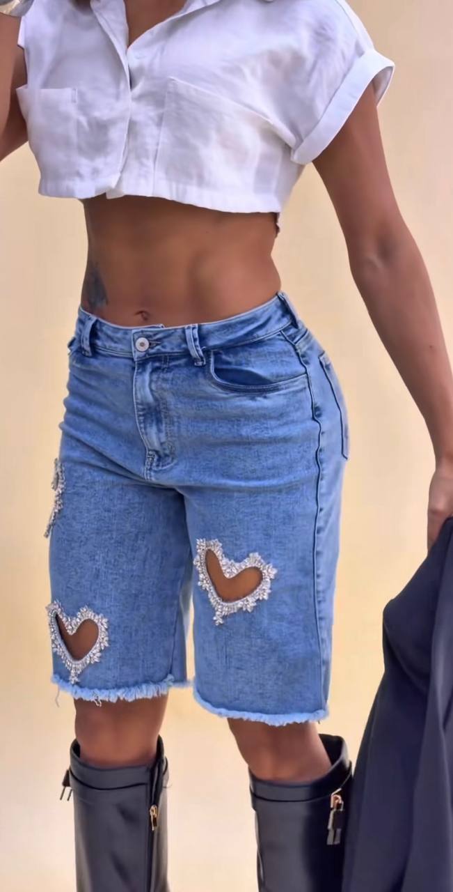 Dark Blue Denim Bermuda Shorts – Heart Cutouts with Rhinestone Trim