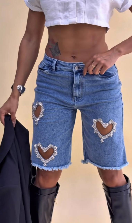 Dark Blue Denim Bermuda Shorts – Heart Cutouts with Rhinestone Trim