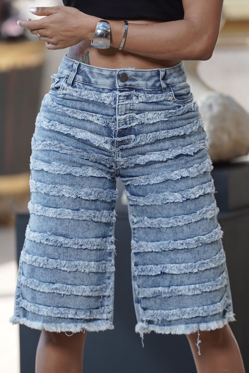 Women’s Light Blue Denim Bermuda – Frayed Stripe Design