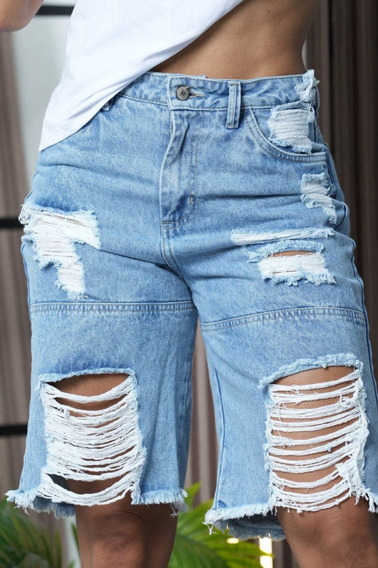 Mid Wash Denim Bermuda Shorts – Frayed Detail