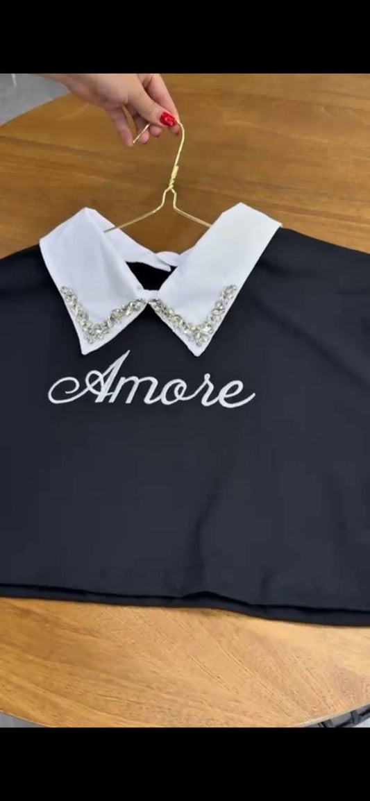 Women’s Blouse with White Collar & Rhinestone Detail
