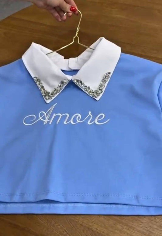 Women’s Blouse with White Collar & Rhinestone Detail