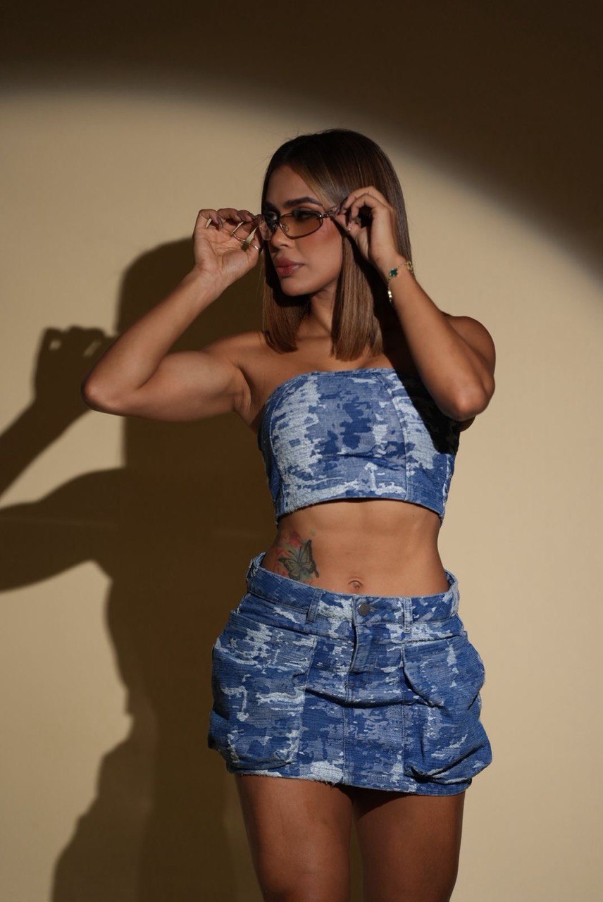 Women’s Denim Set – Cargo Mini Skirt & Strapless Top
