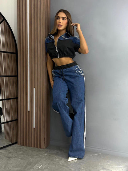 Women’s Sporty Denim Set with Rhinestone Detail – Crop Top & Pants