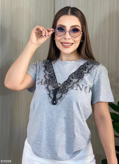 Women’s T-Shirt Blouse with Lace & Rhinestone Detail