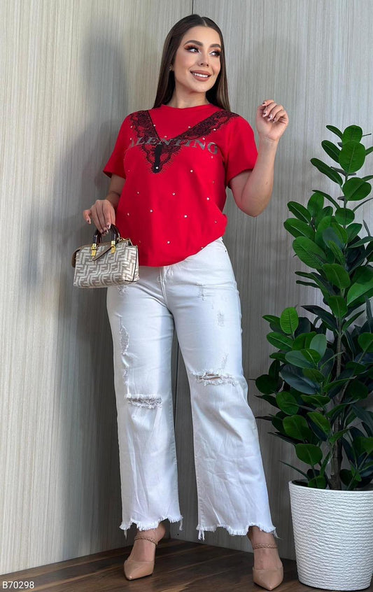 Women’s T-Shirt Blouse with Lace & Rhinestone Detail