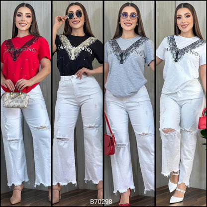 Women’s T-Shirt Blouse with Lace & Rhinestone Detail