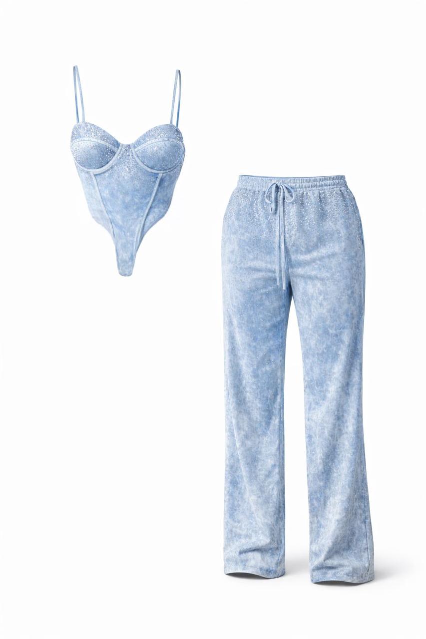 Women’s Set with Rhinestone Detail – Body Top & Pants