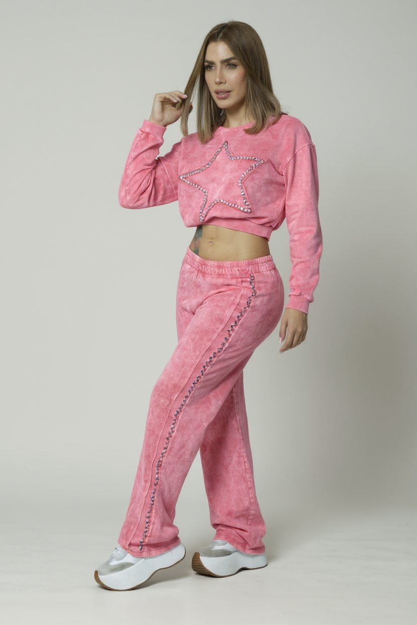 Rhinestone Embellished Pants & Crop Top Set