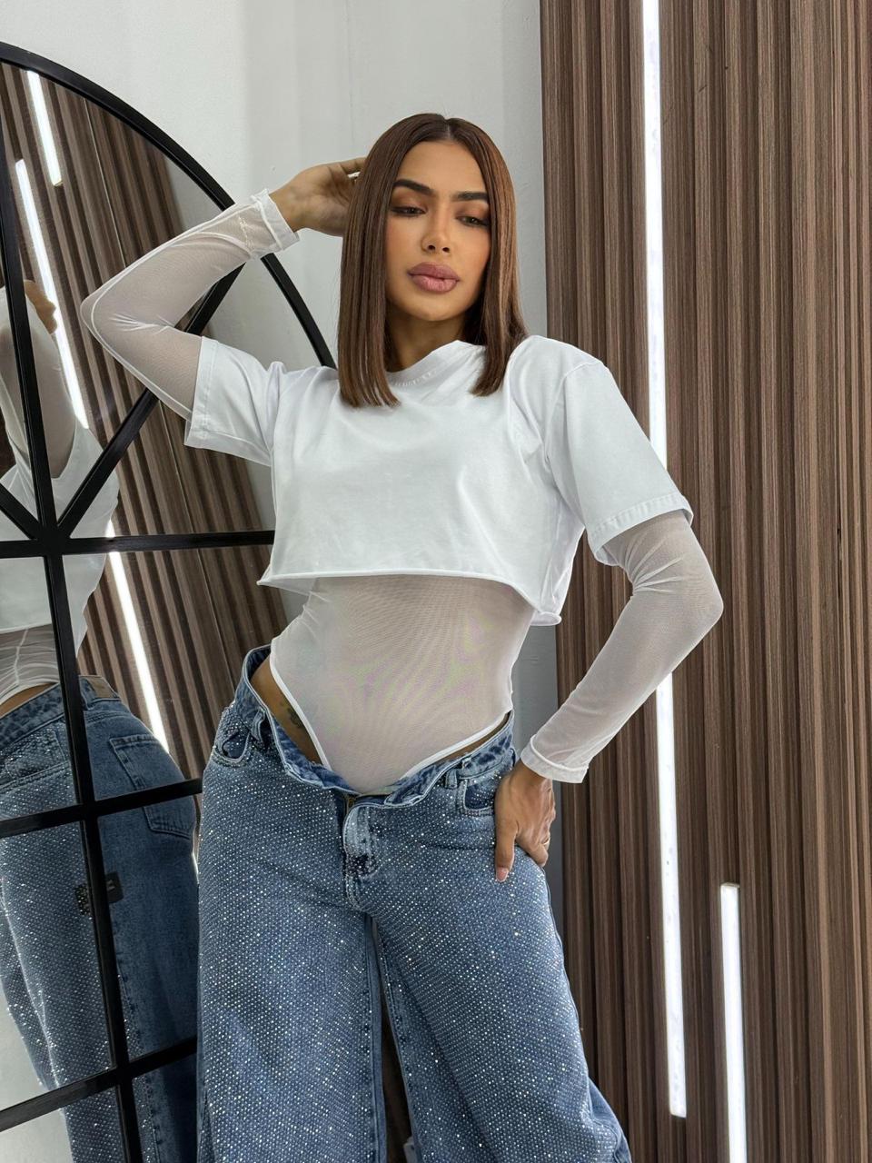 Women’s Mesh Bodysuit with Crop Top – Layered Style